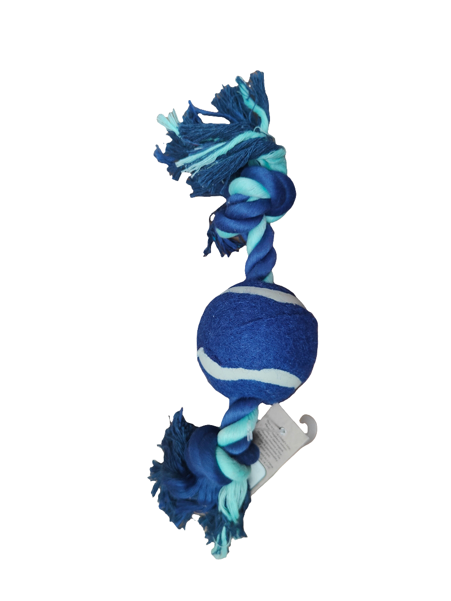 Blue and green braided dog toy with a ball on a white background