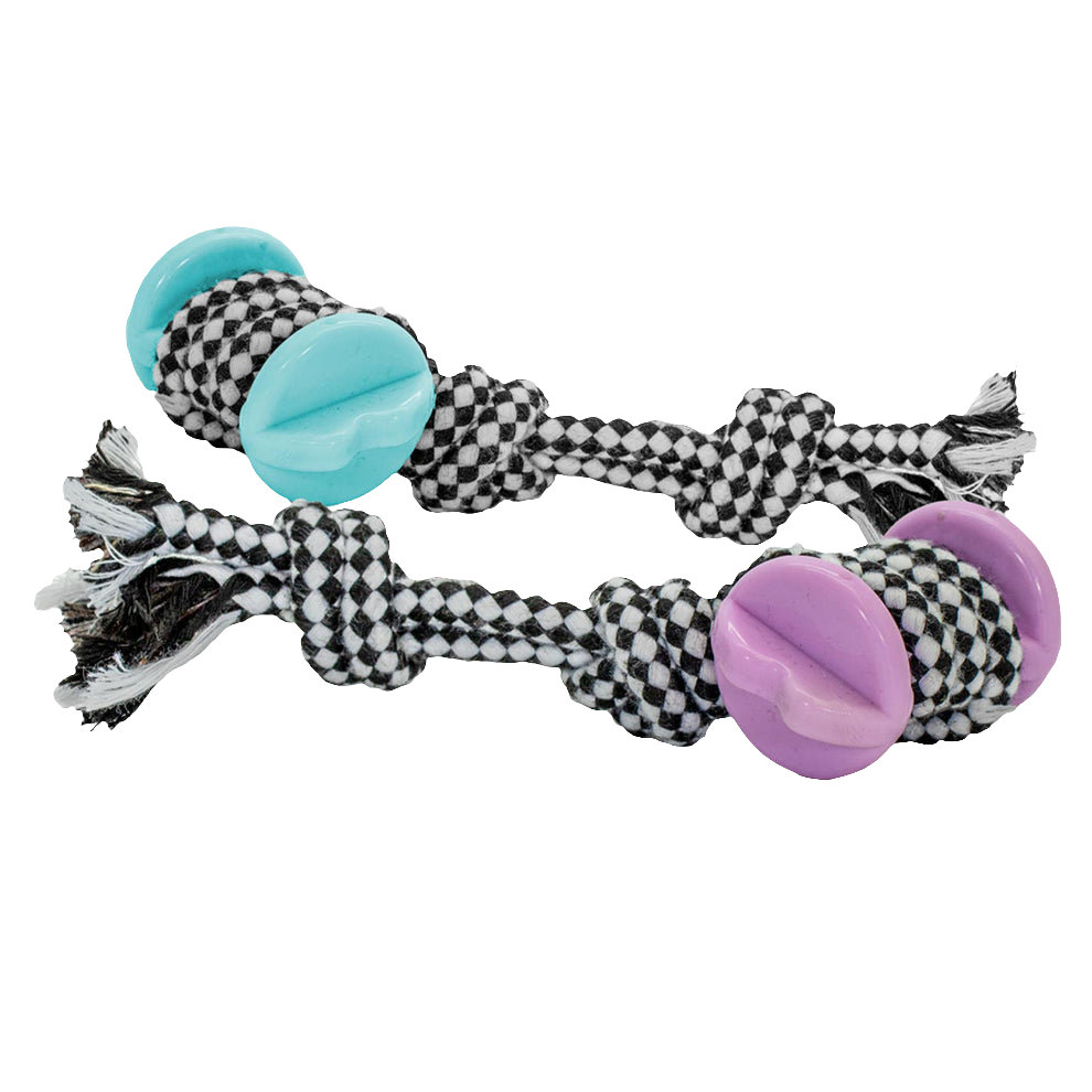 Pet dog toy with checkered pattern and colorful buttons on a white background