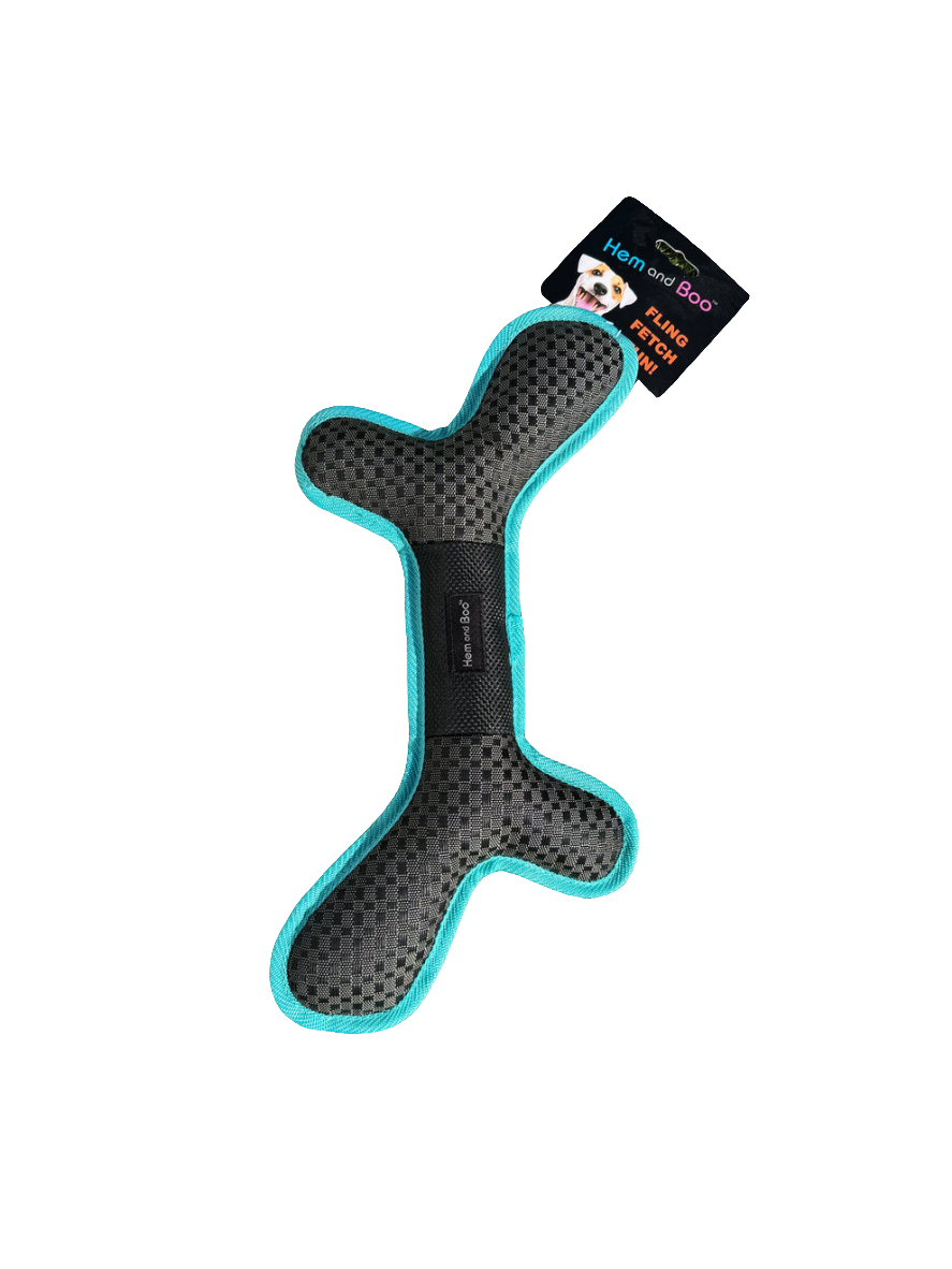 Black and blue dog toy with a brand tag on a white background