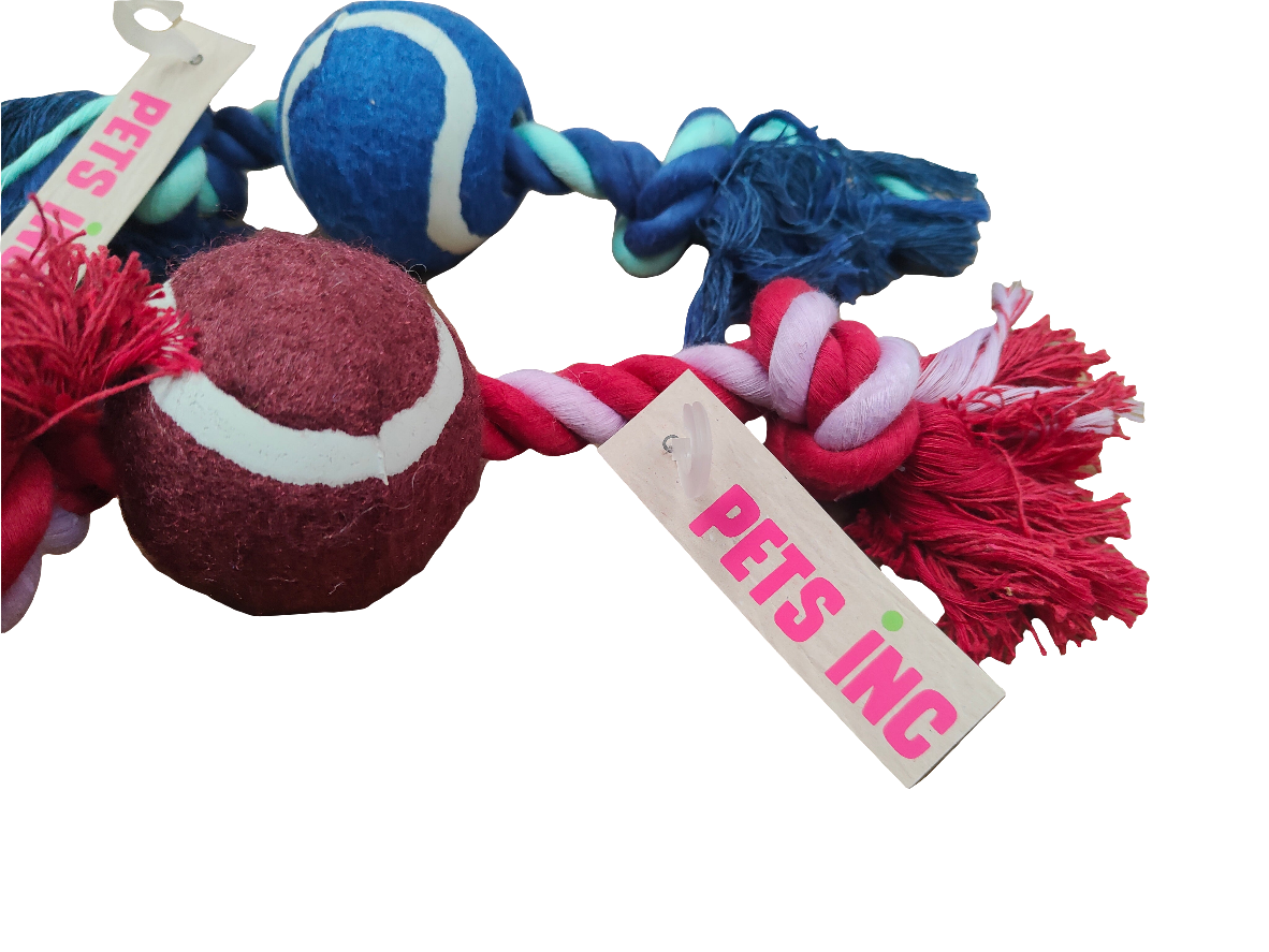 Dog toy with tennis balls and rope, branded 'Pets Inc', on a white background