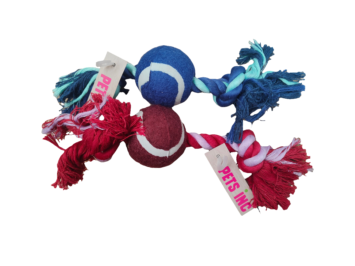 Dog toy with red and blue elements on a white background
