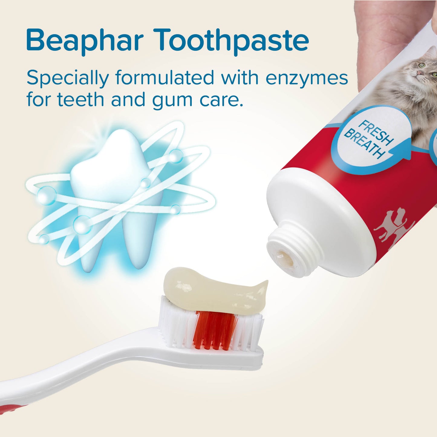 Beaphar cat toothpaste with a brush and text about enzyme formulation for teeth and gum care.
