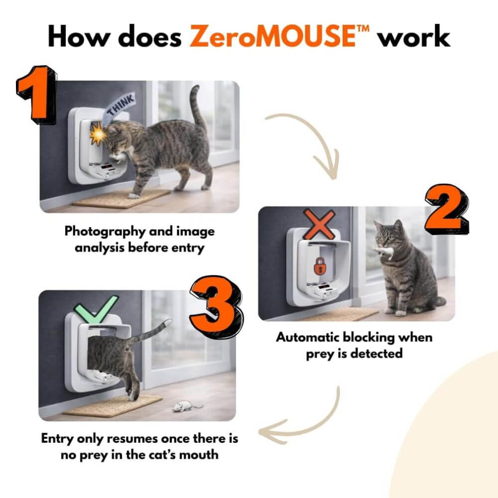Explainer graphic for the ZeroMOUSE cat entry system showing three numbered steps: a cat enters after a photo and image analysis, the system automatically blocks the cat when prey is detected, and the cat can resume entry only when no prey is present.