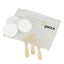A white plastic zip pouch with the 'pezz' logo, containing three round white lids and three small wooden spatulas, arranged on a white background. Parts of a cat wormer diagnostic kit for sale at PetConnection.ie