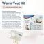 Worm Test Kit for cats by Pezz, showing the product packaging, a sample collection pouch with wooden sticks, and informational text on a white background.