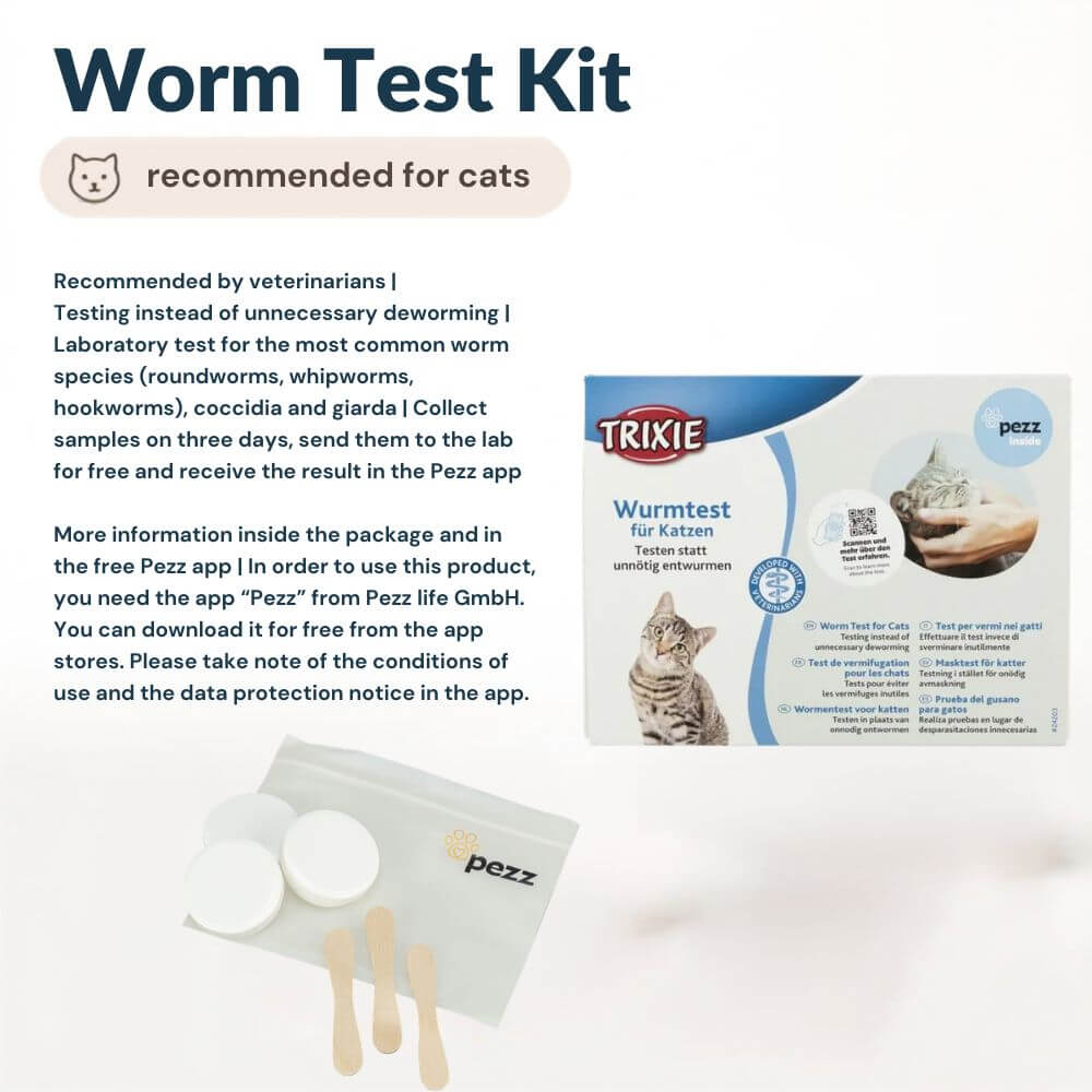 Worm Test Kit for cats by Pezz, showing the product packaging, a sample collection pouch with wooden sticks, and informational text on a white background.