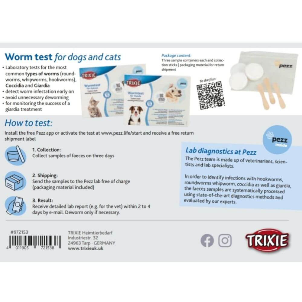 Instruction and packaging information sheet for the Pezz Worm test for dogs and cats, showing collection instructions, shipping, results, package contents, and a diagram of collection bags and gloves.