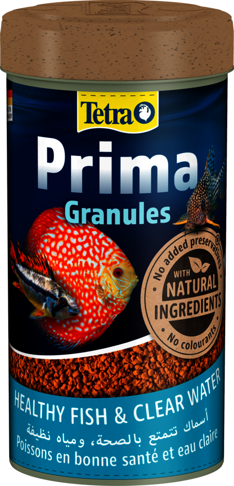 Tetra Prima Granules fish food container with a fish on the label
