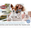 Promotional graphic for Trixie Pezz pet testing, featuring a woman holding a small brown-and-white dog and a cat photo inset, with the Trixie Pezz brand logos and text about urine and worm tests for home use.