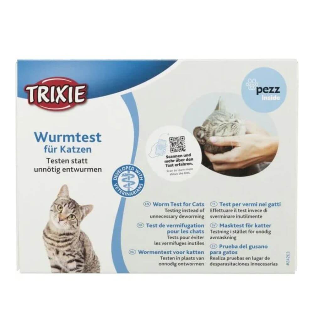 Trixie Pezz Inside worm test kit for cats in a white and blue box with German text, a cat photo, and product details.