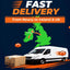 Promotional graphic for fast delivery from Newry to Ireland & UK, showing a white delivery van, a cardboard box, a green map of the UK with Newry marked, and orange text on a dark blue background.