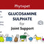 A veterinary supplement package insert for Phytopet Glucosamine Sulphate for Joint Support. The insert features a white background with a red header, black and blue text, and a row of colorful cartoon animals at the bottom.