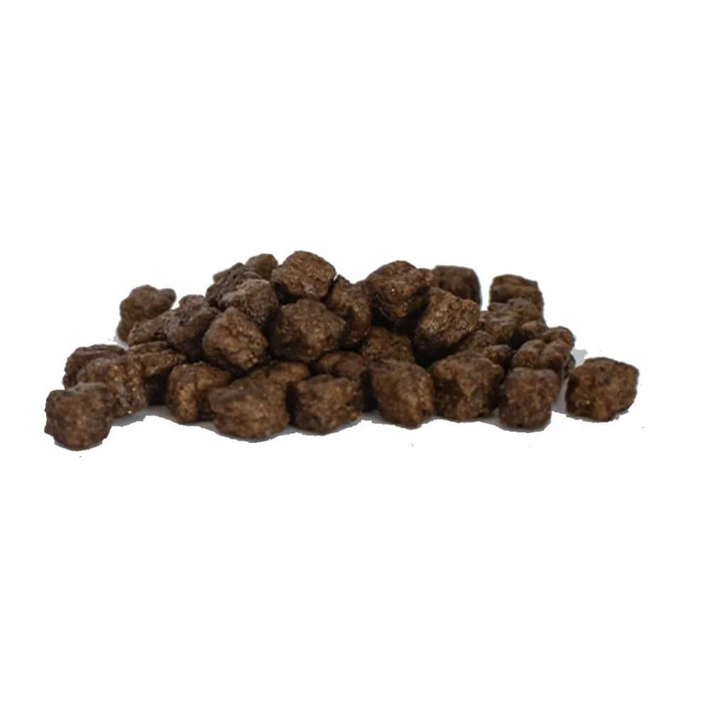 Dry kibble greyhound food. An image of the kibble inside a bag of Time greyhound food. 