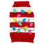 A Christmas-themed dog jumper with a red and white striped background and multicolored Christmas lights pattern.