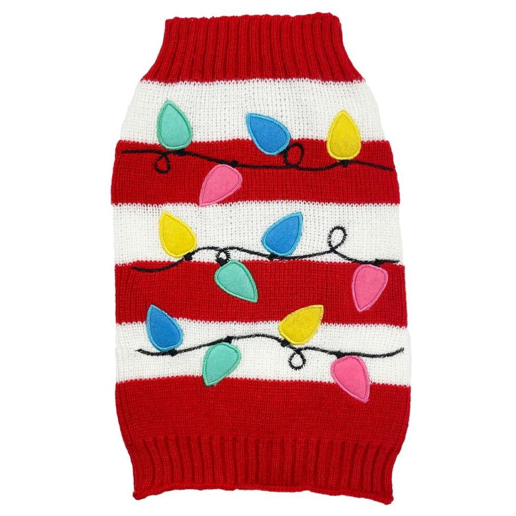 A Christmas-themed dog jumper with a red and white striped background and multicolored Christmas lights pattern.