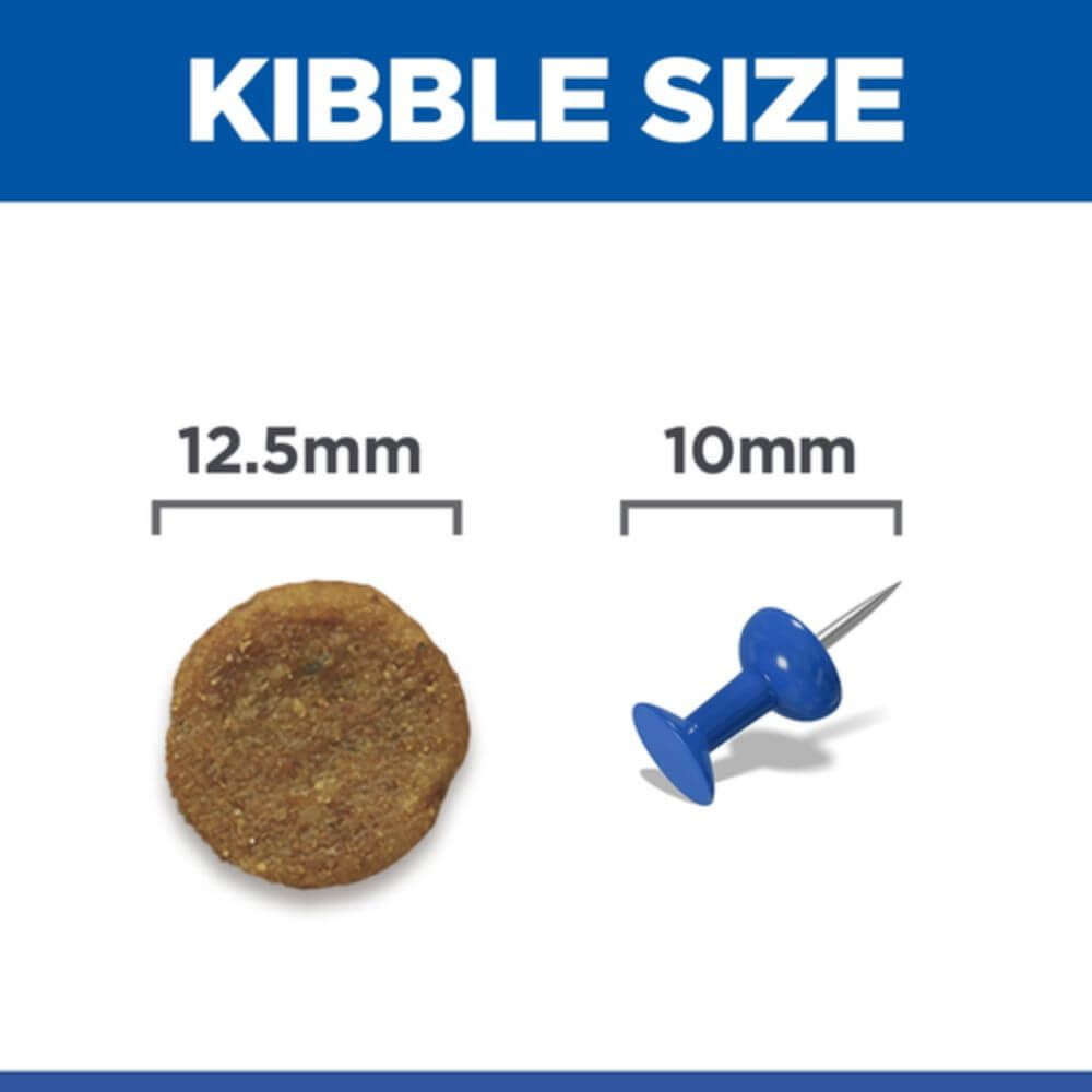 Comparison of kibble size to a blue pushpin on a white background with 'Kibble Size' text at the top.
