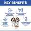 Key benefits of a dog food product with icons and text on a white background