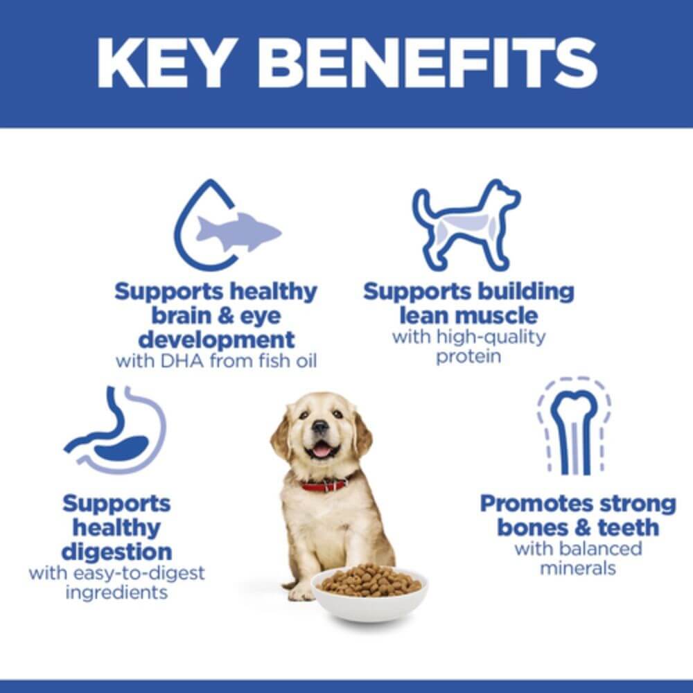 Dog food packaging with key benefits listed on a white background