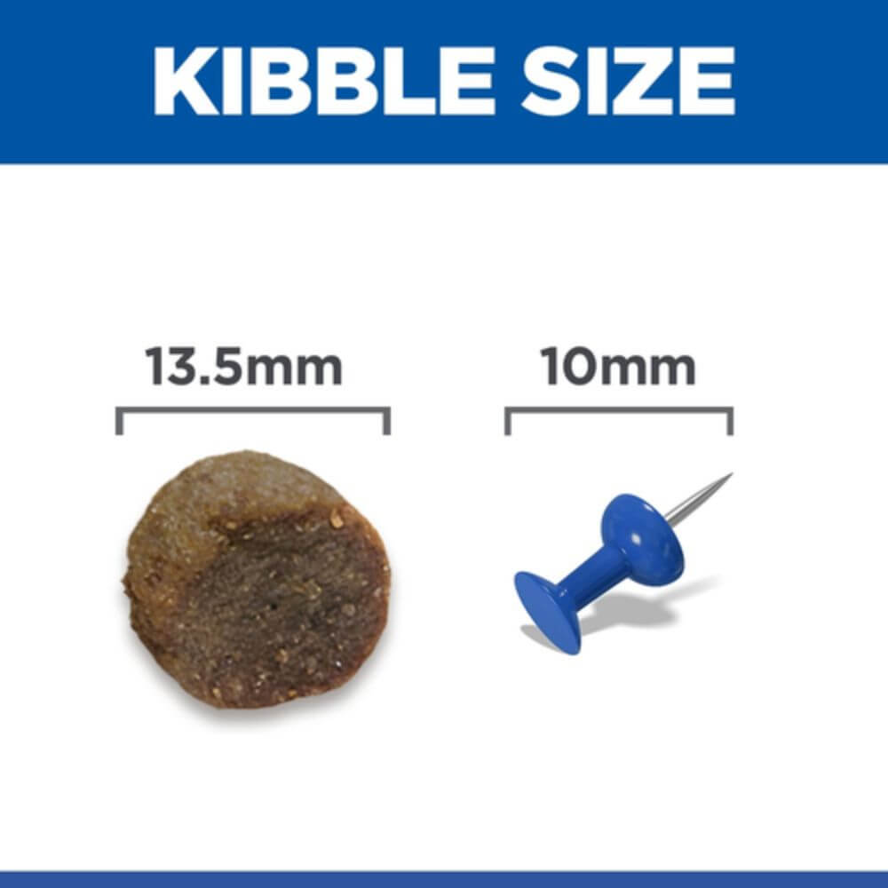 Comparison of kibble size to a pushpin on a white background with blue accents.