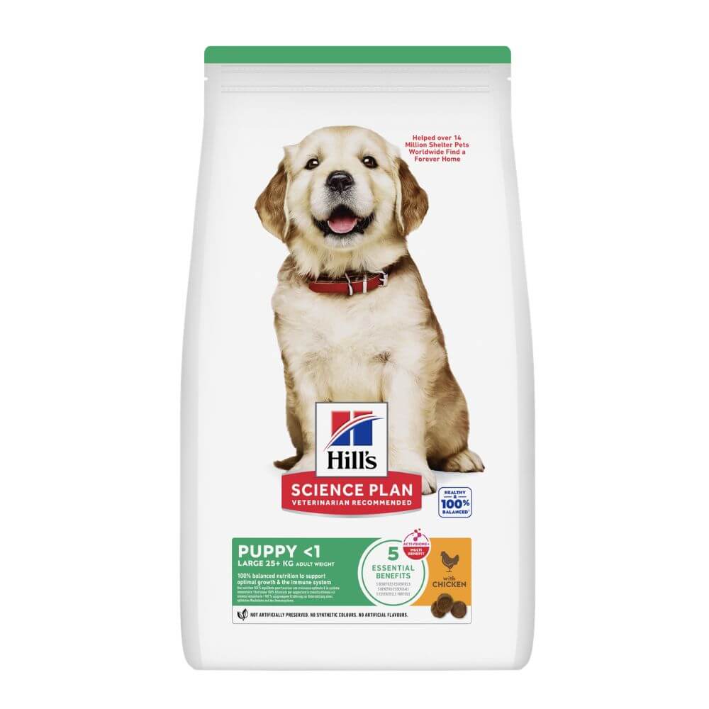 A bag of Hill's Science Plan Puppy <1 dry dog food, featuring a golden retriever on the front, with a green top seal and a white bag body.