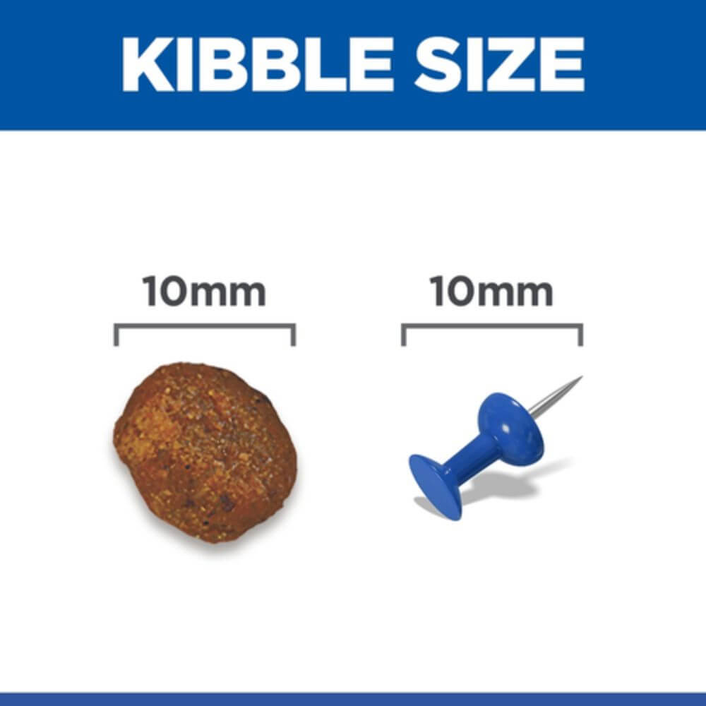 Kibble size comparison with a 10mm measurement and a blue pushpin for scale.