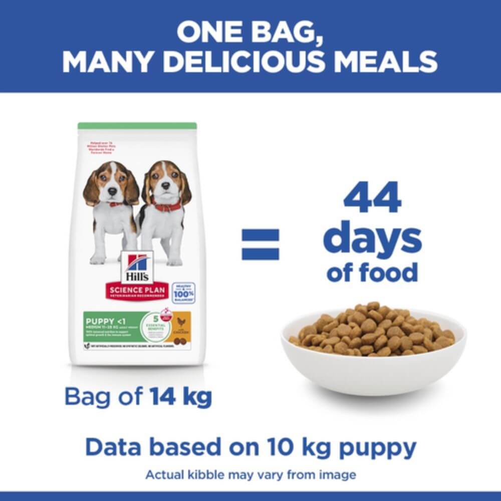 Dog food packaging with text indicating quantity and duration of food supply for a puppy.