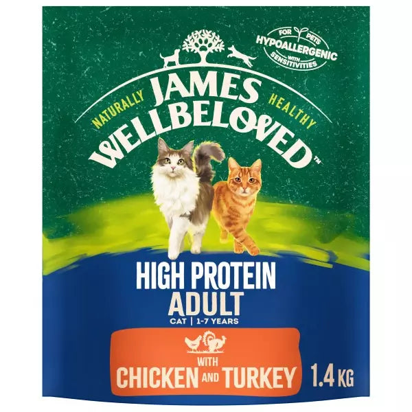James Wellbeloved cat food packaging with two cats on a green and blue background