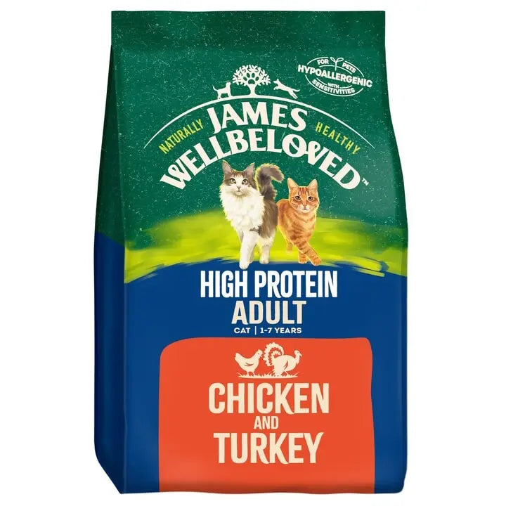A bag of James Wellbeloved High Protein Adult cat food, Chicken and Turkey flavor. The packaging features a dark green top section with white text and images of a long-haired cat and an orange tabby cat, a blue middle section, and an orange bottom section.