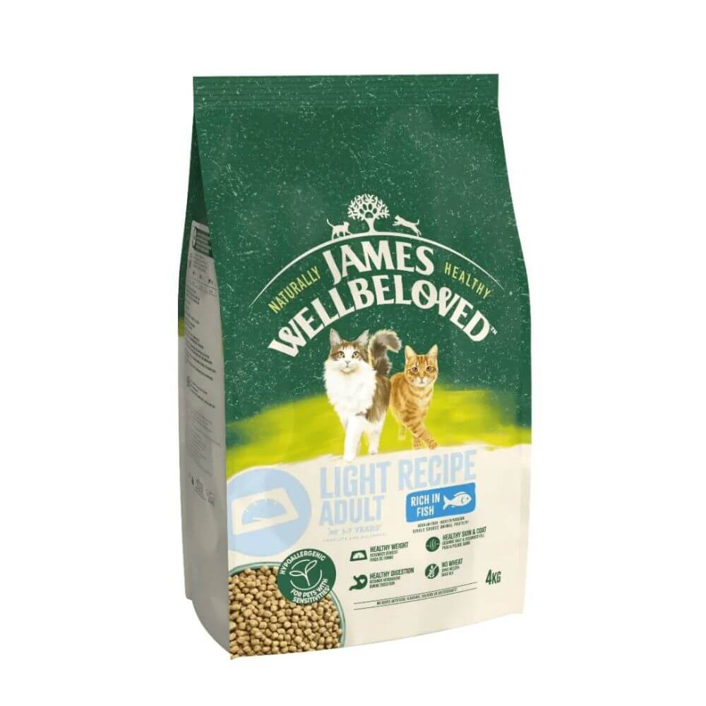 A 4kg bag of James Wellbeloved cat food, Light Recipe Adult, featuring a green and white package design with illustrations of a white cat and an orange tabby cat.