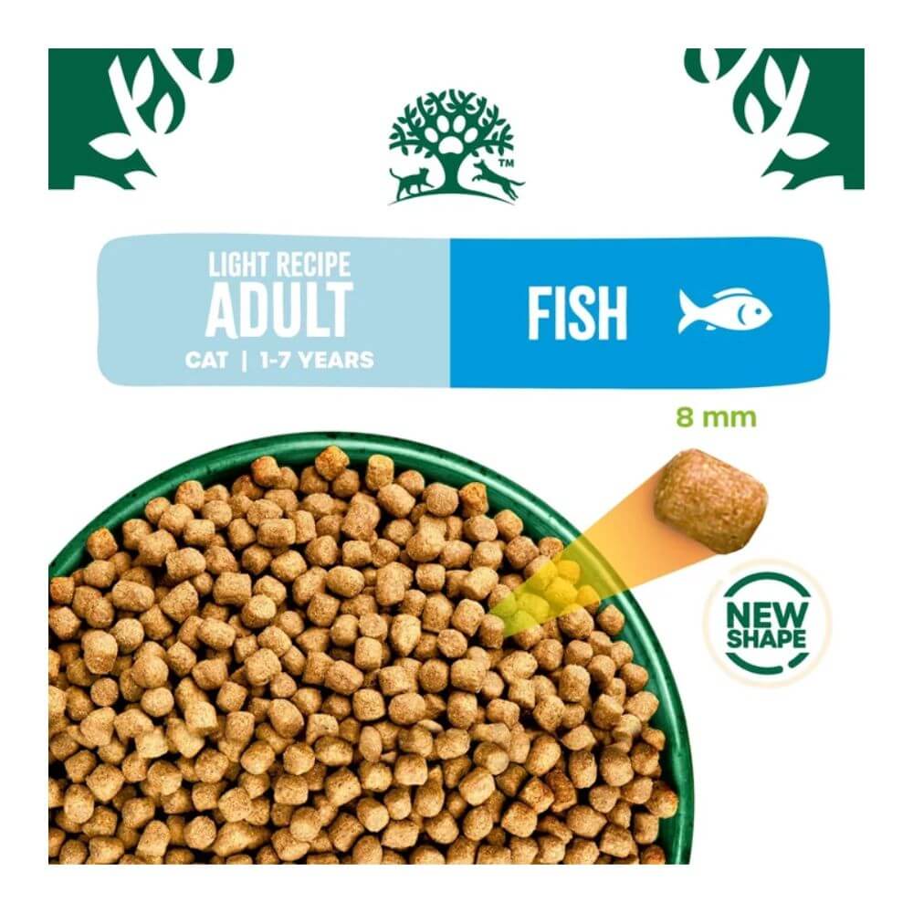 Cat food packaging graphic for Light Recipe Adult Fish cat food, 1-7 years. Shows brown kibble pellets in a green bowl, a single kibble piece labeled 8 mm, and a 'NEW SHAPE' badge on a white background with green and blue branding.