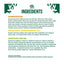 A text-heavy ingredients panel on a white background with green header blocks and white leaf icons. The panel lists composition percentages for dried fish protein, brown rice, white rice, maize gluten, potato protein, fish stock, poultry fat, tomato paste, sugar beet pulp, alfalfa meal, fish oil, dried meat and fruit, pea protein, minerals, seaweed, chicory extract, dried carrots, cranberry extract, glucosamine, nettle extract, yucca extract, and chondroitin.