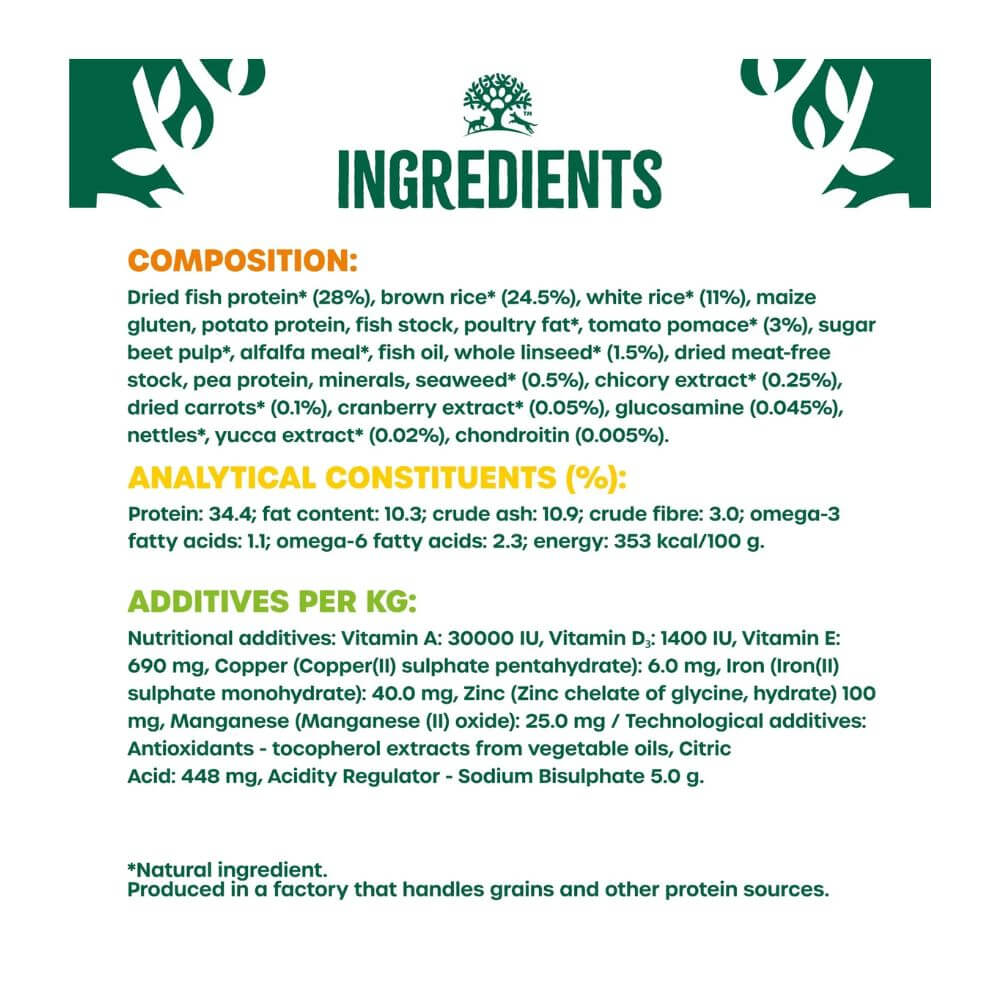 A text-heavy ingredients panel on a white background with green header blocks and white leaf icons. The panel lists composition percentages for dried fish protein, brown rice, white rice, maize gluten, potato protein, fish stock, poultry fat, tomato paste, sugar beet pulp, alfalfa meal, fish oil, dried meat and fruit, pea protein, minerals, seaweed, chicory extract, dried carrots, cranberry extract, glucosamine, nettle extract, yucca extract, and chondroitin.