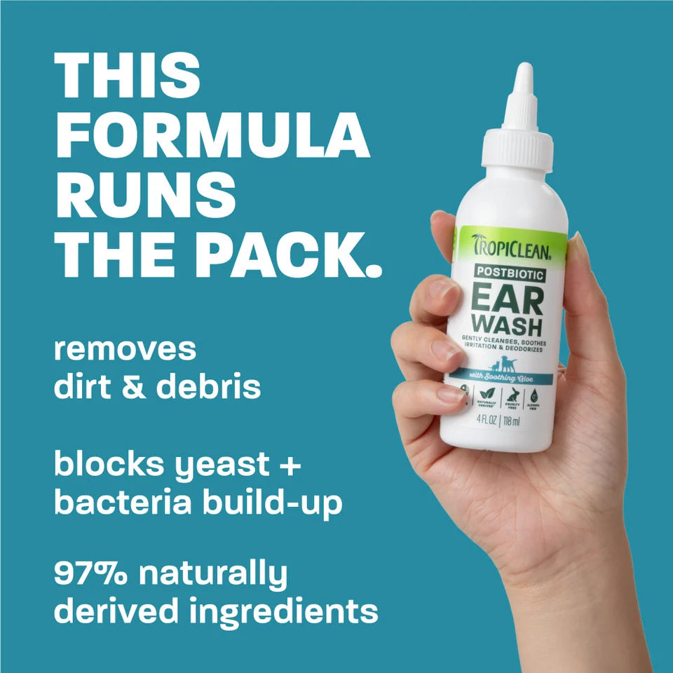 TropiClean Postbiotic Ear Wash 118ml | Alcohol-Free Pet Care