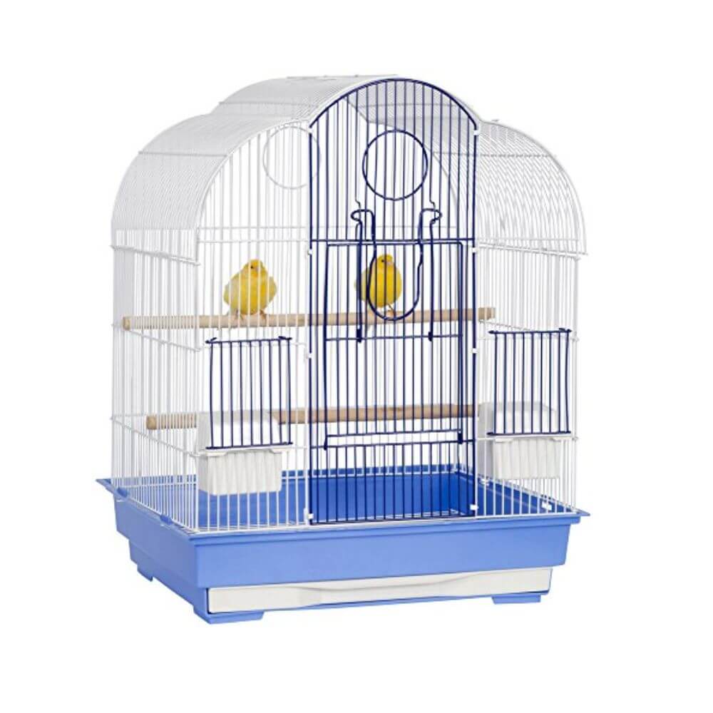 A small bird cage with a white wire body, dark blue metal frame and base, and light wood perches, shown on a plain white background. Two yellow birds are perched inside.