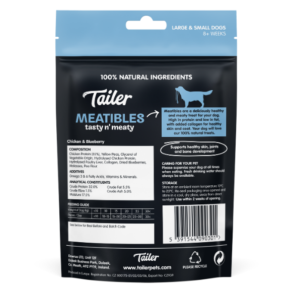 Tailer Meattibles dog treat package with blue and black design