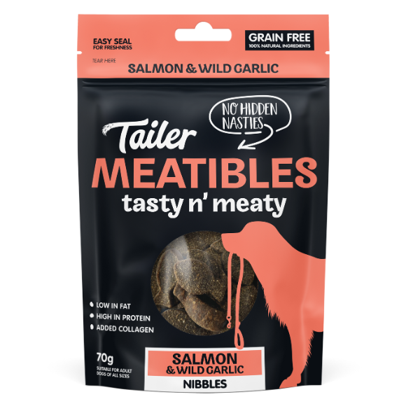 Tailer Meatibles Dog treats image of salmon & wild garlic bag