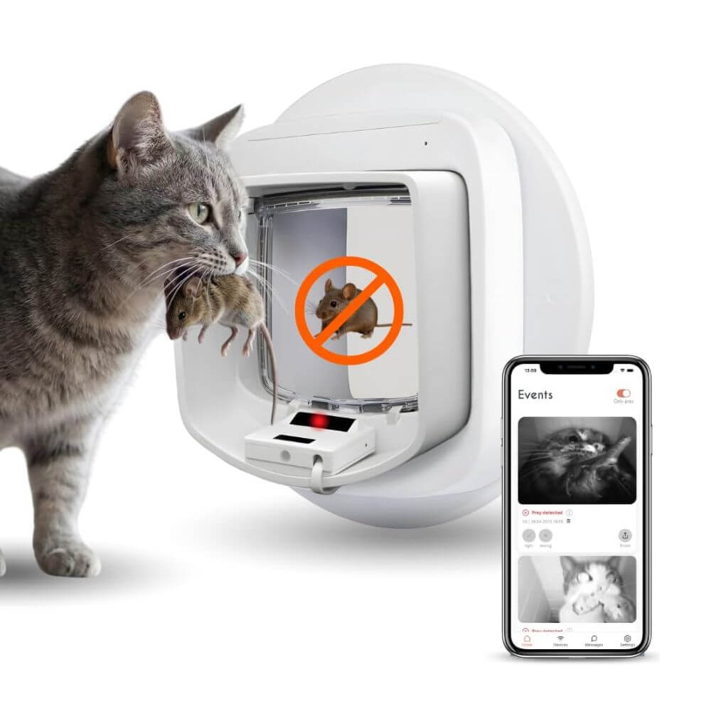 A gray tabby cat stands beside a white automatic pet gate with a mouse blocked by an orange no symbol overlay. A smartphone app screen is shown at right, displaying pet photos and events. It is an advertisement for a cat flap with ai that detects prey and prevents unwanted wildlife from entering. 