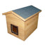 A wooden, weatherproof cat kennel with an asphalt roof and a brown draughtproof flap door, shown on a plain white background.