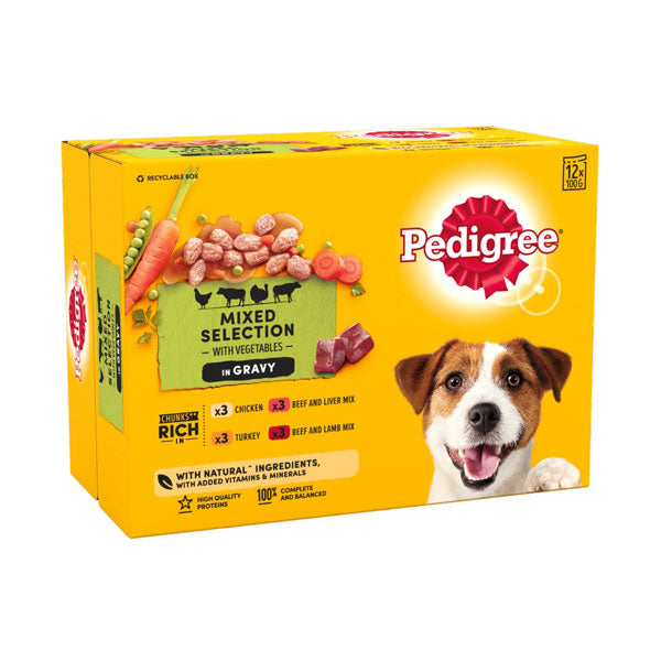 Pedigree Mixed Selection in Gravy 🐔🐮🦃🐑 Wet Dog Food Pouches 12 x 100g