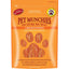 A package of Pet Munchies natural dog treats, which are meaty strips made from chicken, duck, and other meats, displayed with graphical icons indicating natural ingredients, high protein, and no artificial colors or flavors.
