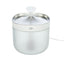 A dog water bowl that has a fountain and power. Stainless steel bowl and clear container. Stylish. Powered by plug or USB. 