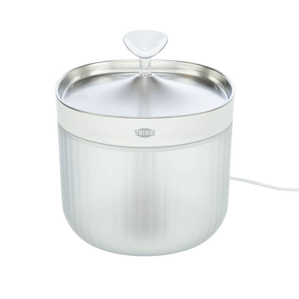 A dog water bowl that has a fountain and power. Stainless steel bowl and clear container. Stylish. Powered by plug or USB. 