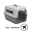 A pet aviation carrier crate with a light gray top and dark gray base, featuring metal wire ventilation grates and a front door. The image includes the text 'IATA - COMPLIANT' and an airplane icon at the bottom right. Suitable for dogs and cats.