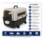 A pet travel crate with a beige upper shell, black base, and wire front door, shown on a white background with feature callouts and a blue travel icons banner at the bottom. Aviation carrier crate with wheels suitable for dogs and cats.