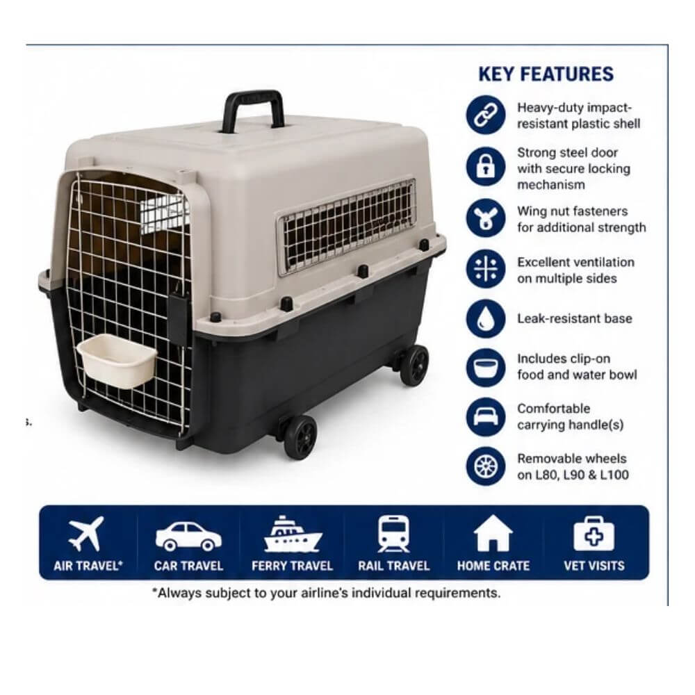 A pet travel crate with a beige upper shell, black base, and wire front door, shown on a white background with feature callouts and a blue travel icons banner at the bottom. Aviation carrier crate with wheels suitable for dogs and cats.