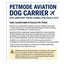 A text-based informational graphic for Petmode Aviation Dog Carrier travel kennels for dogs and cats. The design has a white background with a blue header and footer, featuring the brand name 'PETMODE AVIATION' and descriptive text about IATA-compliant travel kennels.