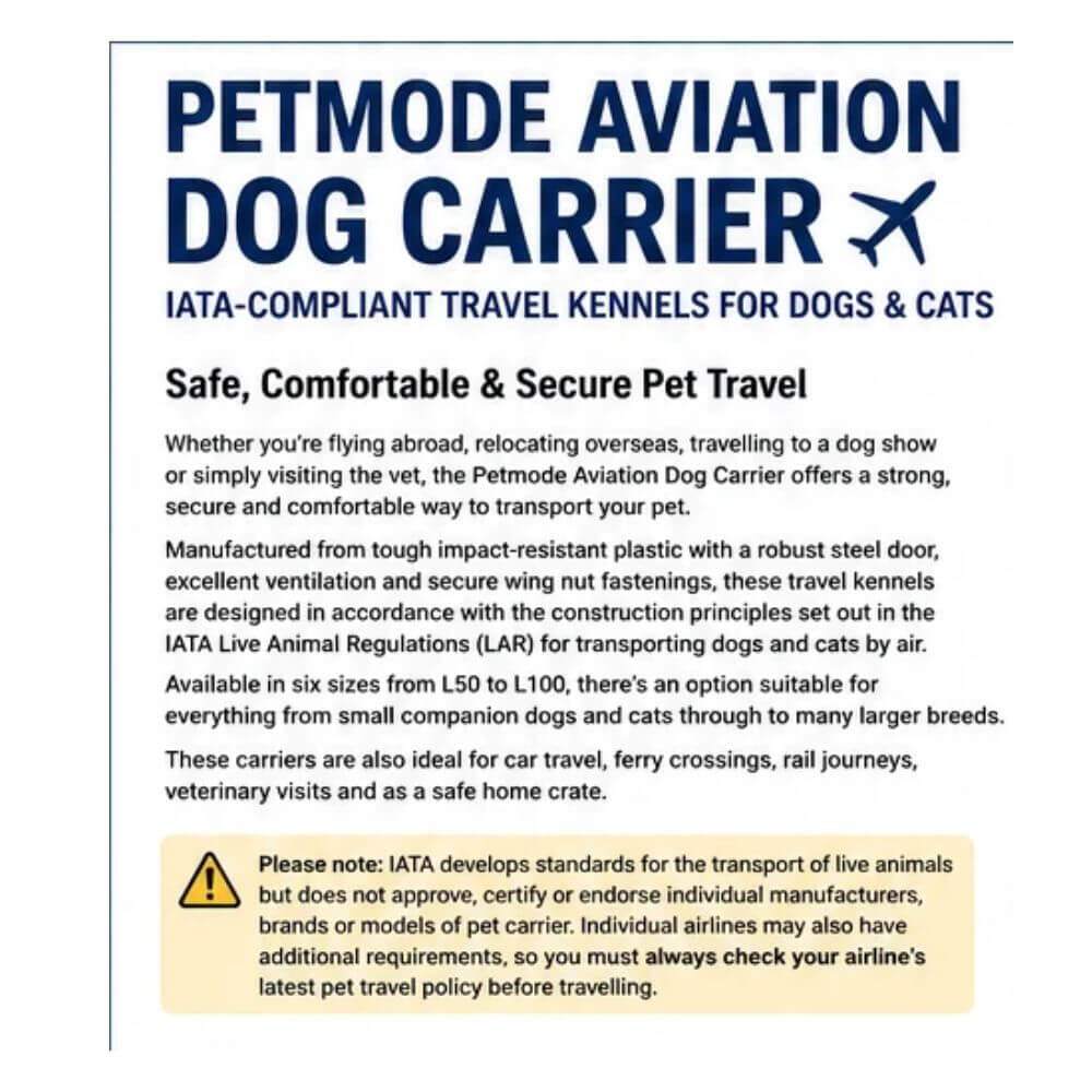 A text-based informational graphic for Petmode Aviation Dog Carrier travel kennels for dogs and cats. The design has a white background with a blue header and footer, featuring the brand name 'PETMODE AVIATION' and descriptive text about IATA-compliant travel kennels.
