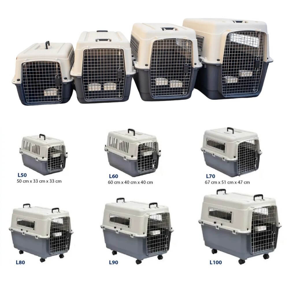 Seven pet carrier models shown in increasing sizes, labeled L50, L60, L70, L80, L90, and L100, on a plain white background. The carriers have cream-colored tops and sides, dark gray lower sections, and black wire mesh front doors with plastic handles and wheels. Aviation carriers for dogs and cats.