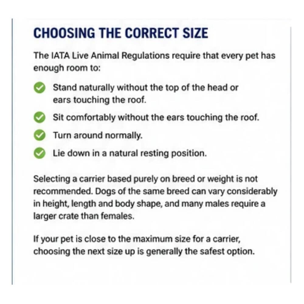 A text-based size guide titled 'CHOOSING THE CORRECT SIZE' with bullet points and checkmarks explaining how to determine the correct pet carrier size according to IATA Live Animal Regulations.