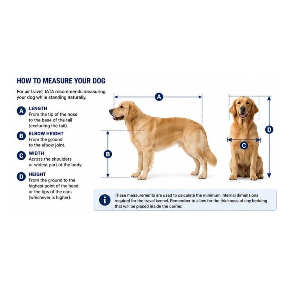 A measurement guide for measuring a dog for air travel, showing two golden retrievers labeled with dimensions A, B, C, and D, with explanatory text on a white background. Used to size dogs and cats for carrier used in airline travel.